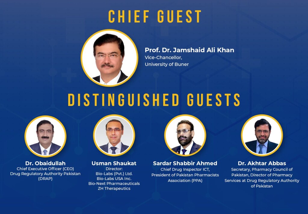 Blue event banner announcing Chief Guest Prof. Dr. Jamshaid Ali Khan with four distinguished guests in circular frames on a yellow-bordered theme.