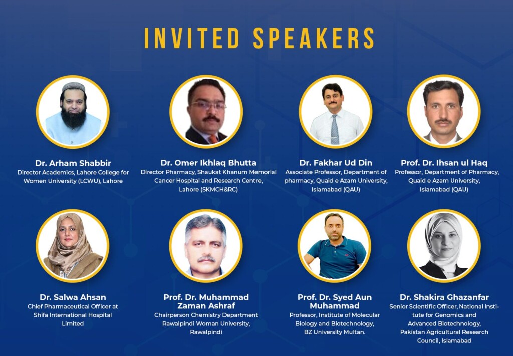 Group collage of eight invited speakers in circular yellow-framed photos on a blue background, with each portrait captioned with name and title/affiliation.