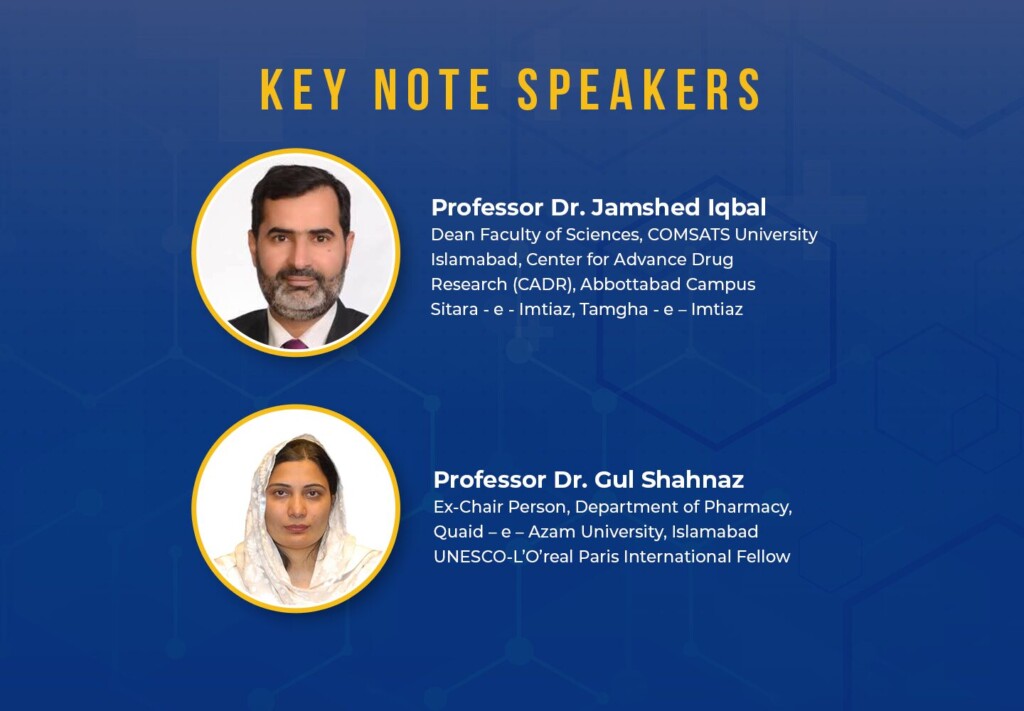 Event poster announcing two keynote speakers; blue background, circular headshots with bios on the right side.