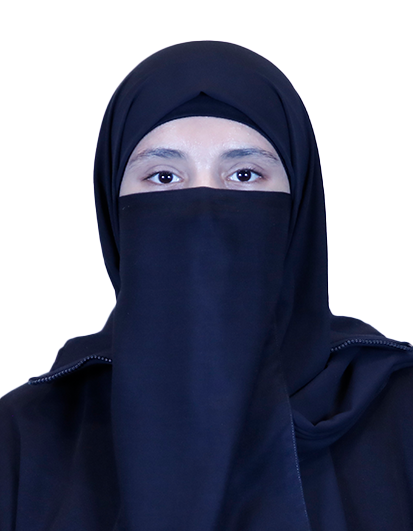 Woman wearing a navy niqab and hijab, with only her eyes visible, facing the camera.