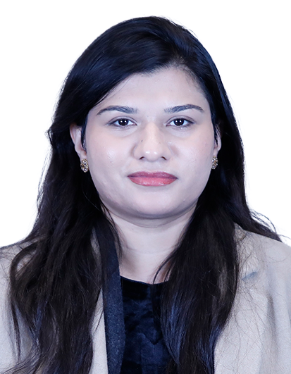 Professional headshot of a woman with long dark hair, wearing a beige blazer and black top, neutral expression.
